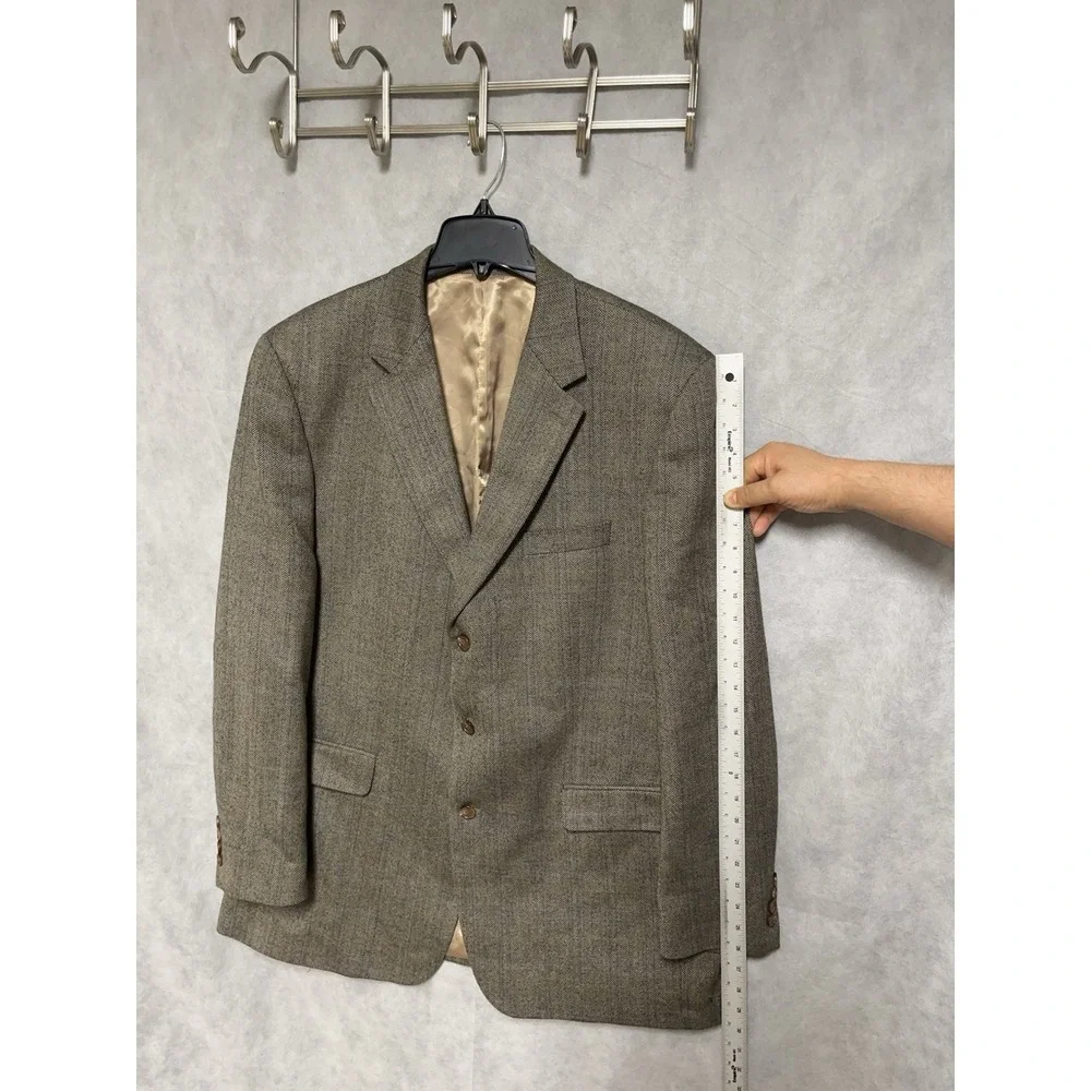 Ralph Lauren Blazer Men 46L Beige Blue Herringbone 3B Winter Flannel Wool Luxury